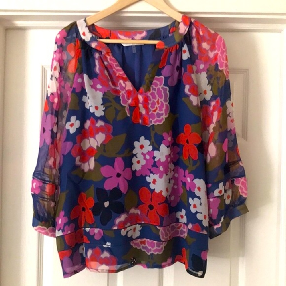Trina Turk 100% Silk Floral Tunic Ballon Sleeve Blouse